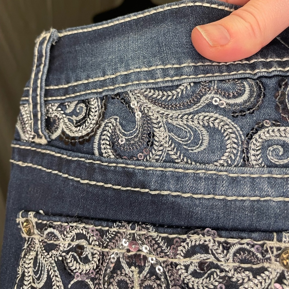 Soundgirl Vintage Y2K Dark Blue Boot Cut Jeans with Embroidered Sequin Pockets - Picture 7 of 13